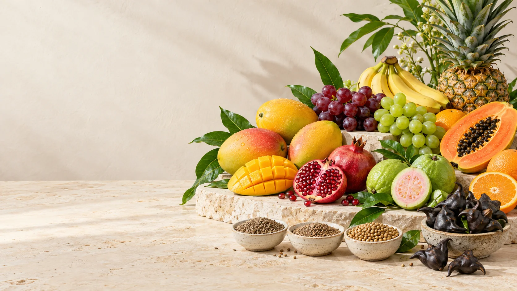 Colourful Indian fruits including mangoes, pomegranate, grapes and papaya