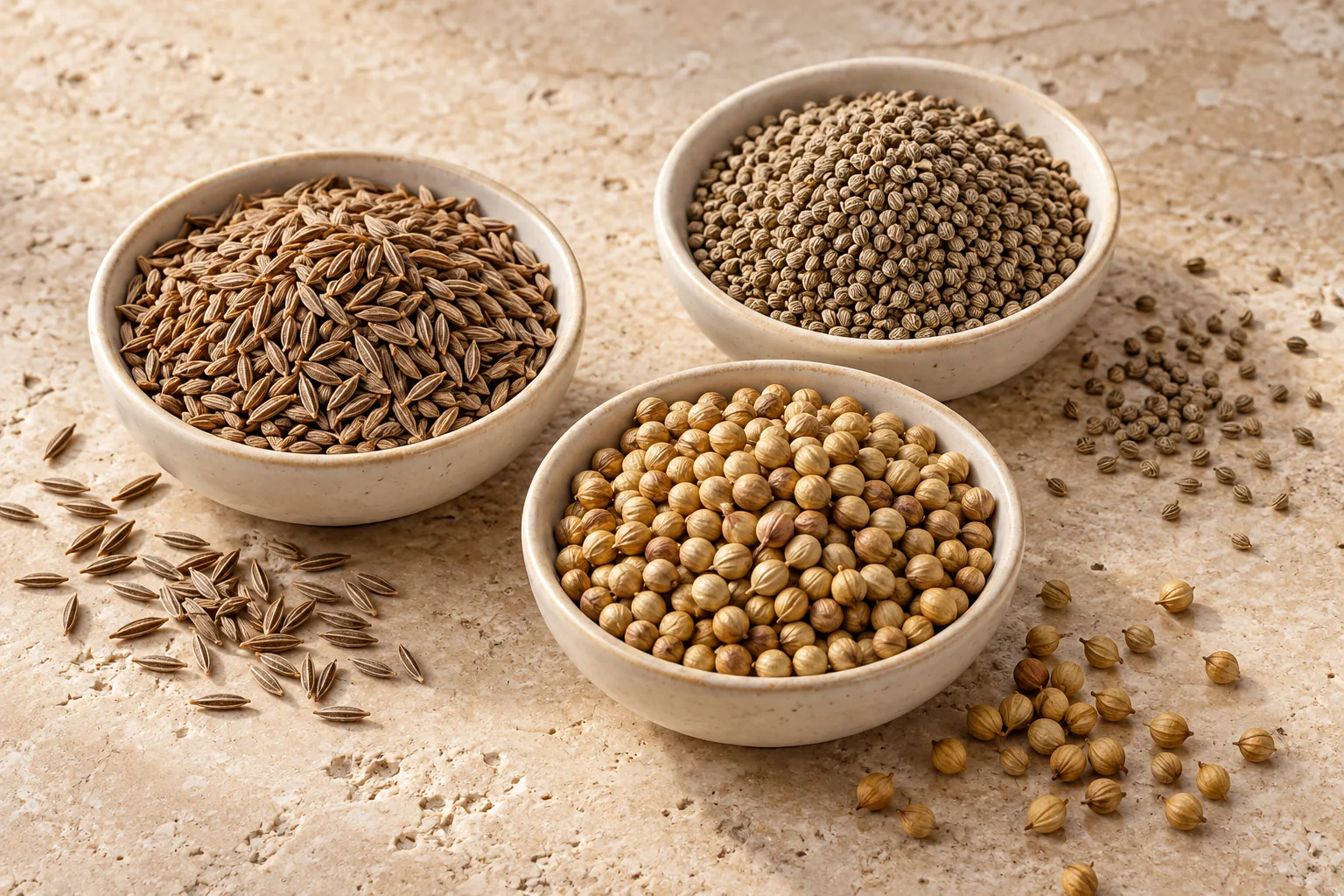 Cumin, carom and coriander seeds in ceramic bowls